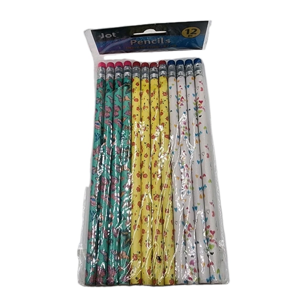 Jot Pencils Latex Free Erasers #2 HB 12 Pack‎ Butterflies Flowers Hearts New